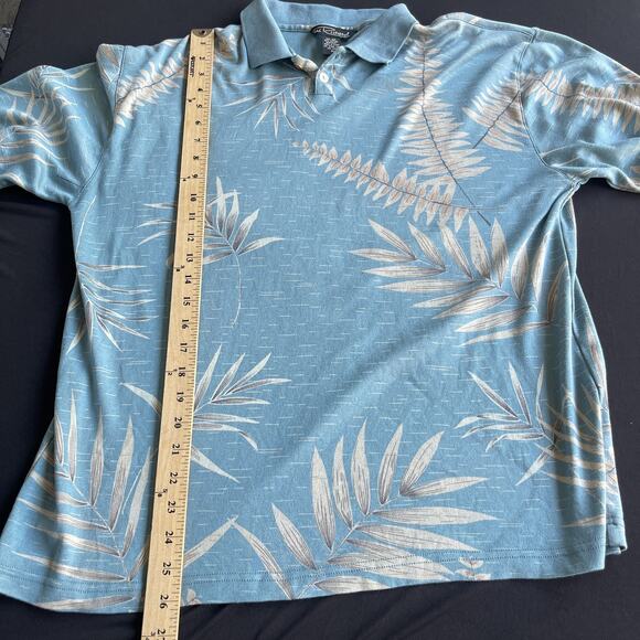 Tori Richards Polo Shirt Mens Silk Medium Blue Palm Hawaiian Floral Tropical - Picture 5 of 8